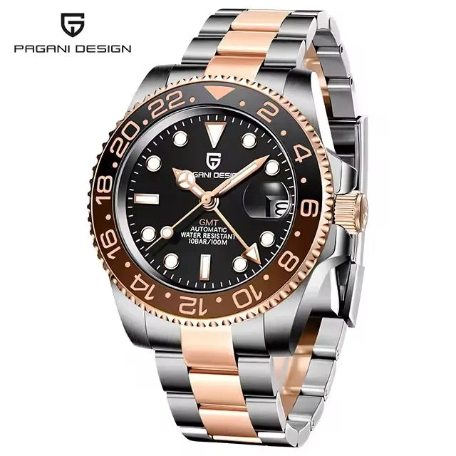 PAGANI DESIGN 40MM Men Mechanical Automatic Watch Left Crown GMT Sapphire Glass Ceramic Bezel Silver Jubilee Strap Watch for men