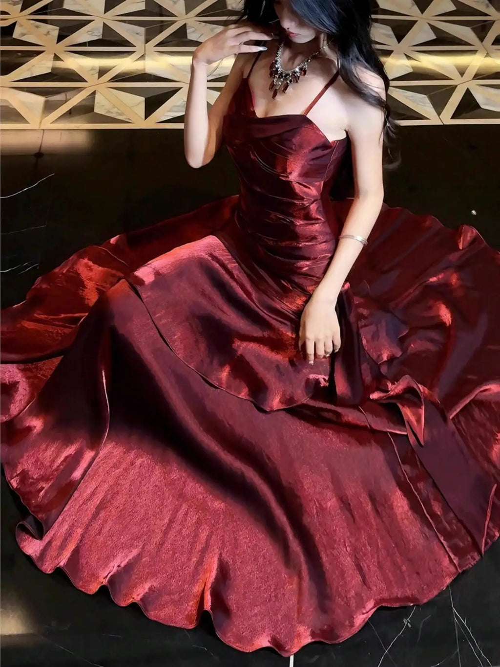 Burgundy Satin Mermaid Dress with Ruched Bodice and Spaghetti Straps for Formal Events