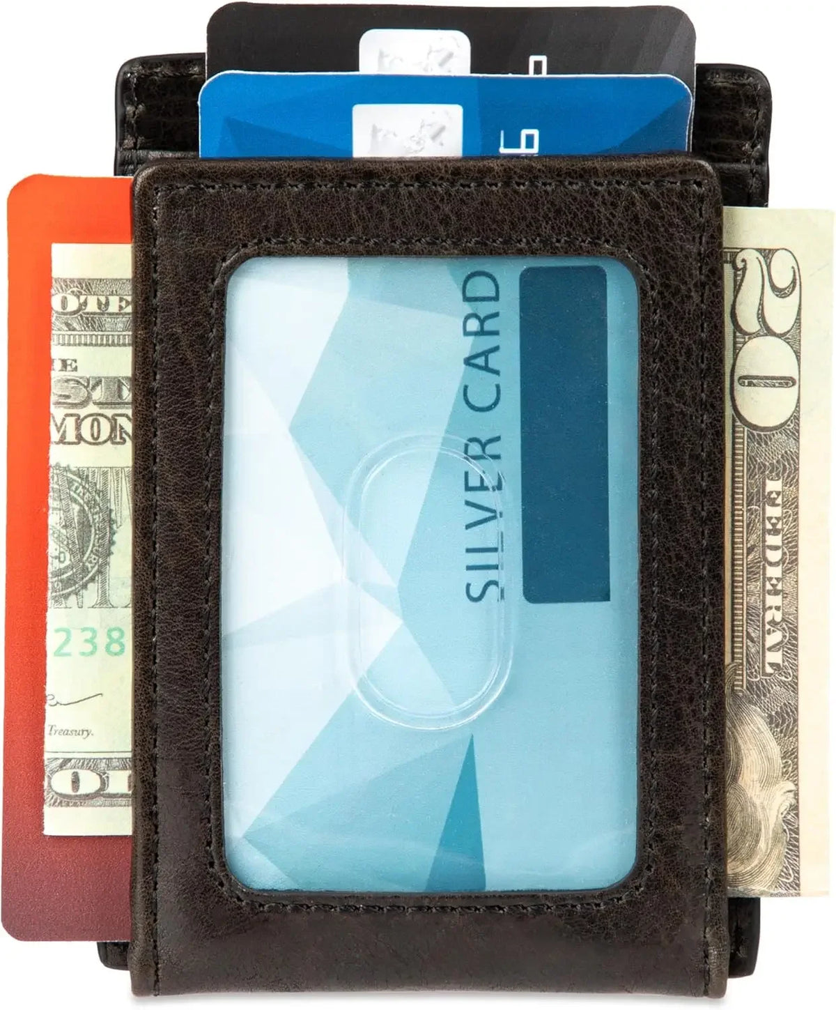 Men's Genuine Leather Magnetic Front Pocket Wallet With ID Window And Card Slots