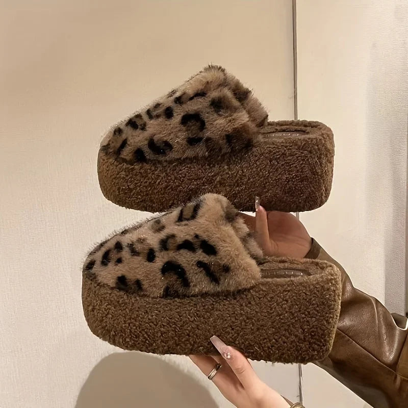 Women's Fashion Slippers, 3.15-inch Thick Sole, Faux Fur, Geometric Leopard Print, Indoor/Outdoor, Warm
