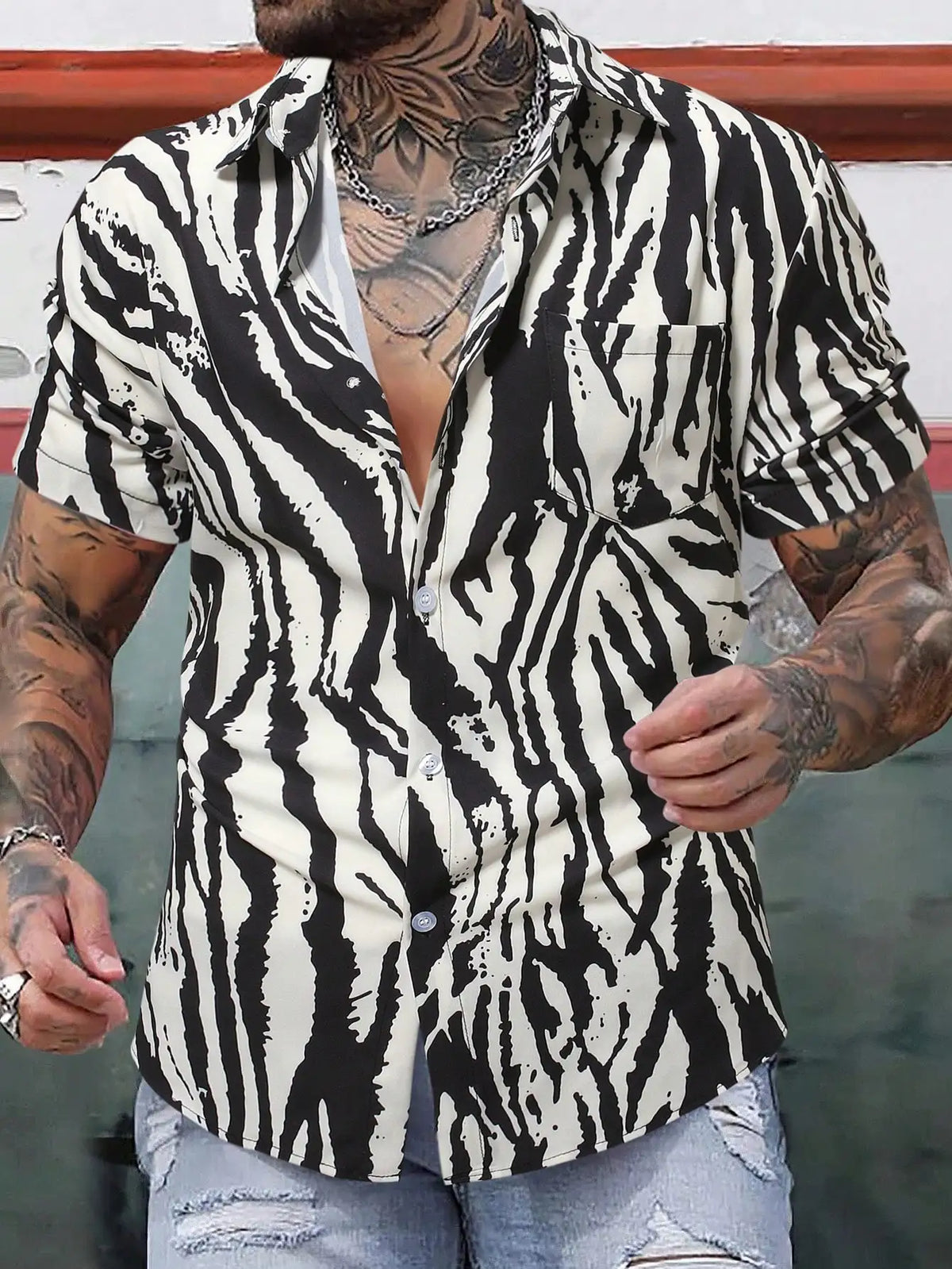 Men's Casual Short Sleeve Shirt with Bold Zebra Print Pattern