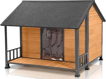 Outdoor Weatherproof Dog House, Easy to Assemble Puppy Shelter with All-Around Iron Frame & Fir Wood, Ideal for Large Dog Bree