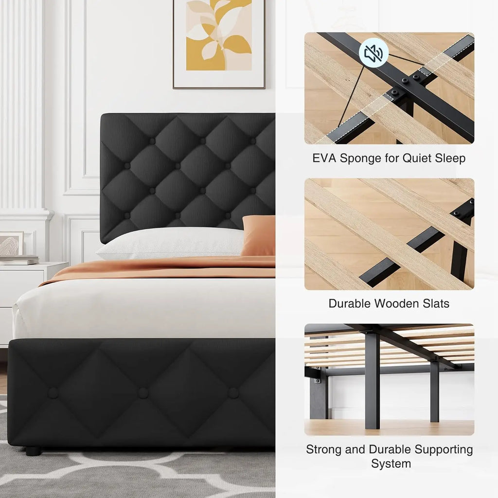 King Size Bed Frame with Storage Drawers, Adjustable Headboard, Linen Upholstered Platform Bed, No Box Spring Needed