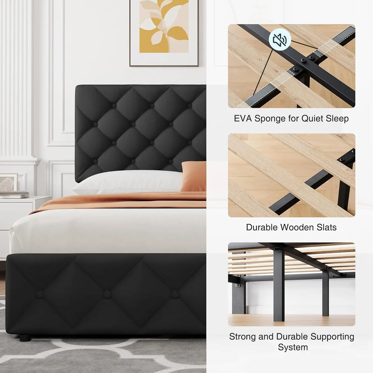 King Size Bed Frame with Storage Drawers, Adjustable Headboard, Linen Upholstered Platform Bed, No Box Spring Needed