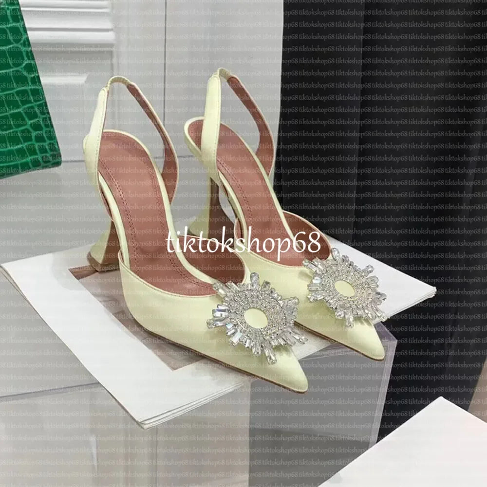 Amina muadii heels designer sandals womens wedding dress shoes satin pointed slingbacks bowtie pumps crystal sunflower flower hi