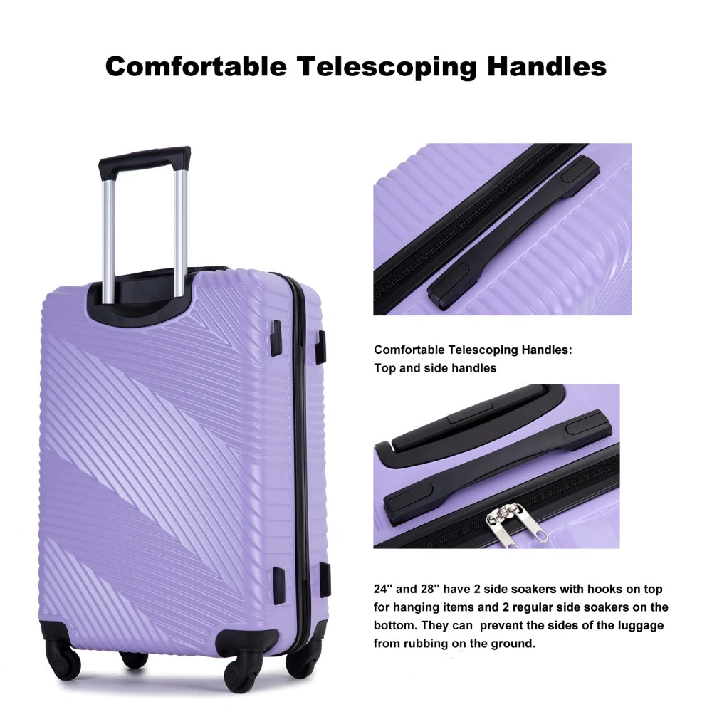3 Piece Luggage Sets PC+ABS Lightweight Suitcase with Two Hooks Spinner Wheels(20/24/28) Light Purple