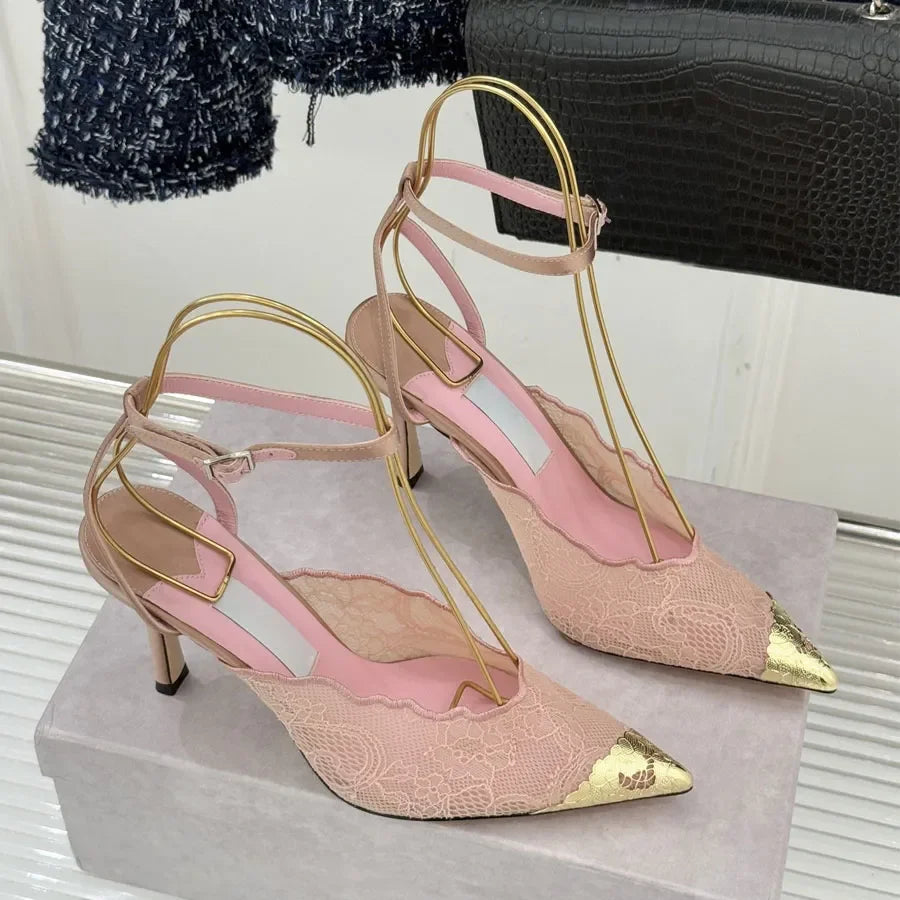 Fashion Lace mesh High heeled Slingbacks Sandals pumps ankle strap High heels Dress Shoes womens Luxury designer Wedding Evening
