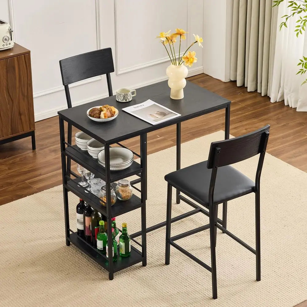 Dining Table Set for 2, Kitchen Breakfast Counter Height Small 3 Piece Bar Table and Chairs Set with Storage, Black