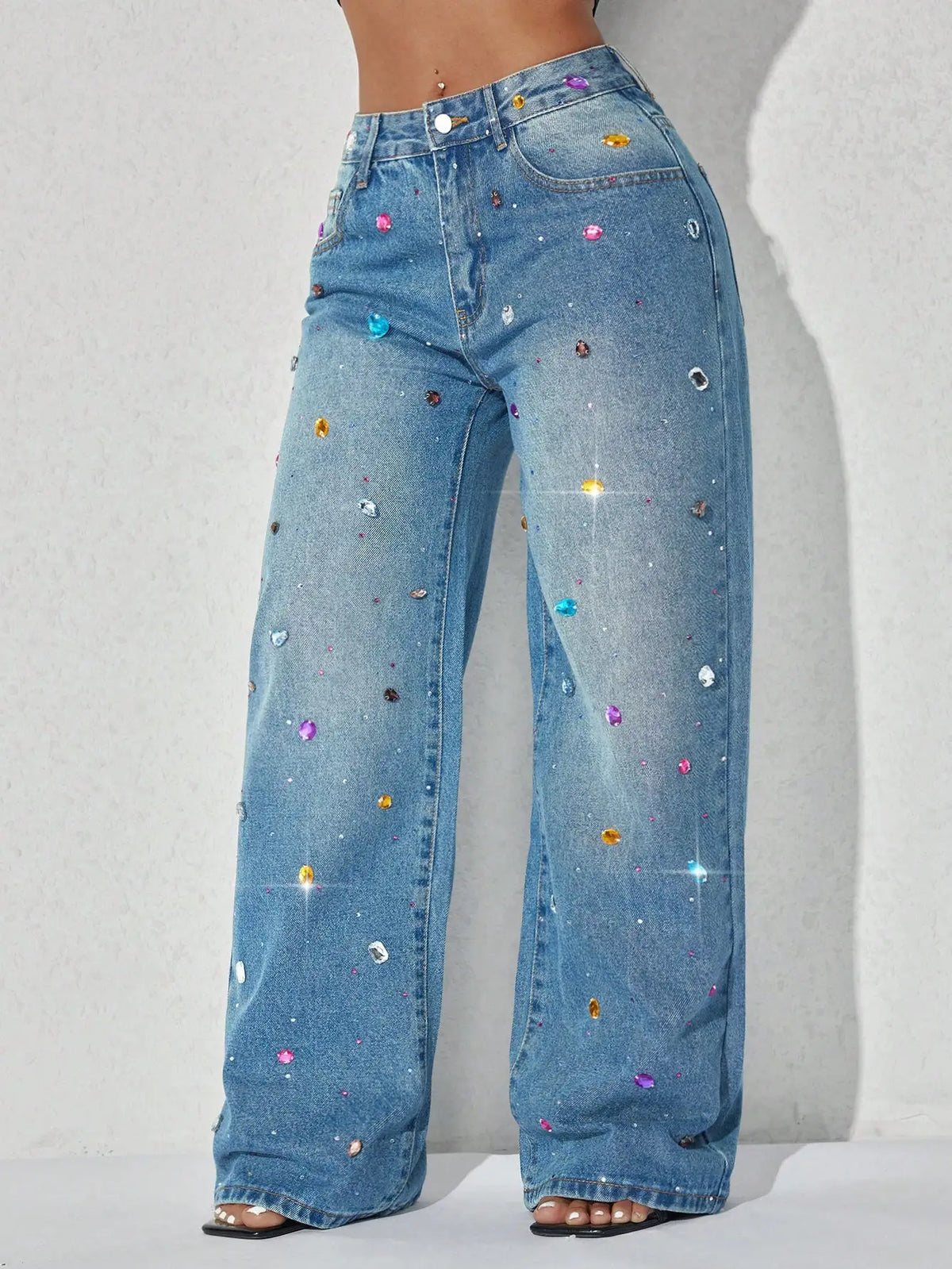 Low Waist Wide Leg Rhinestone Decorated Casual Blue Jeans For Women Spring