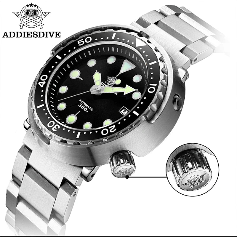 ADDIESDIVE Men's Luxury Diver's Watch 300m 316L Stainless Steel Super Luminous BGW9 Tuna Automatic Watch Men's Gift Clock AD2522