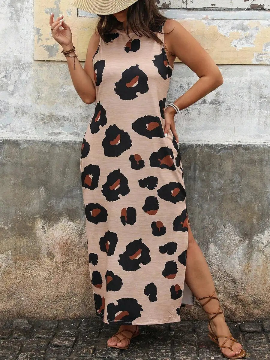 Leopard Print Split Thigh Maxi Dress for Summer Vacation