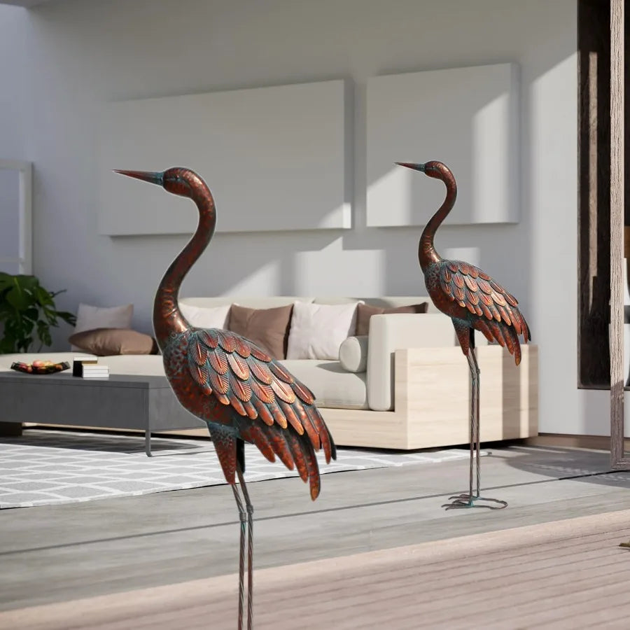 2PCS Garden Crane Statues Outdoor Sculptures Metal Yard Art Statue for Garden Decoration Large Size Set of 2