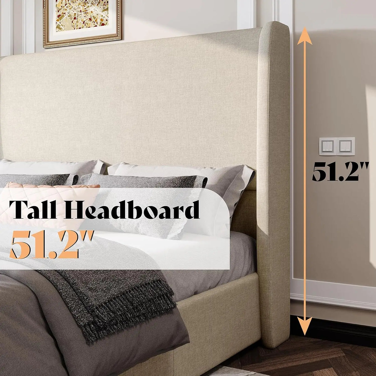 Lift Up Storage Bed King Upholstered Platform Frame Hydraulic Wingback Headboard No Box Spring Khaki, Customized