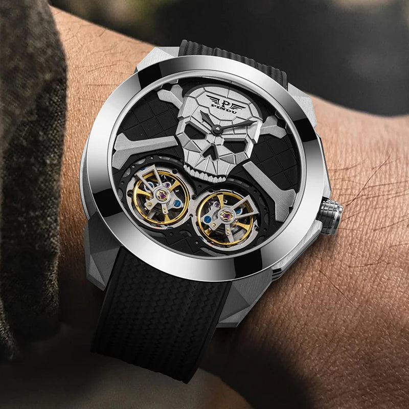 PINDU Punk Skull Double Flywheel Design Sapphire Man Watch Hollow Automatic Mechanical Waterproof Men's Automatic Wristwatch Men