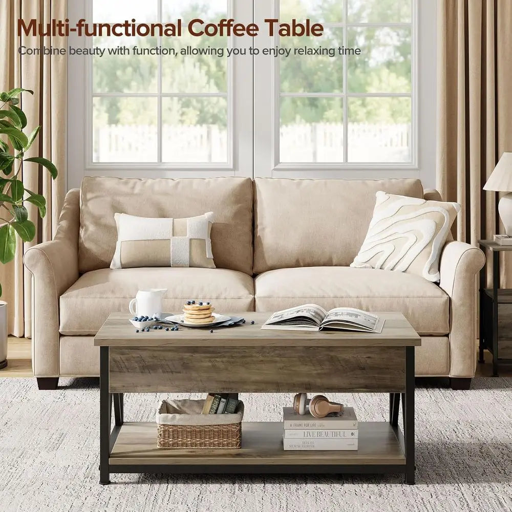 Grey Storage Coffee Table with Lift Top and Large Hidden Compartment for Living Room