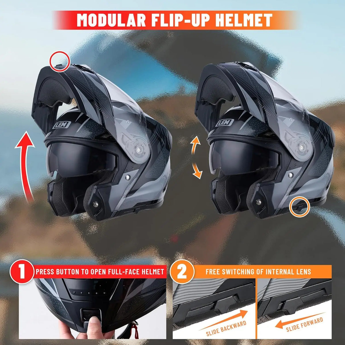 Modular Motorcycle Helmets Fiberglass Full Face Motorcycle Helmet Flip Up for Touring DOT Certified Release Sun Visor Removable