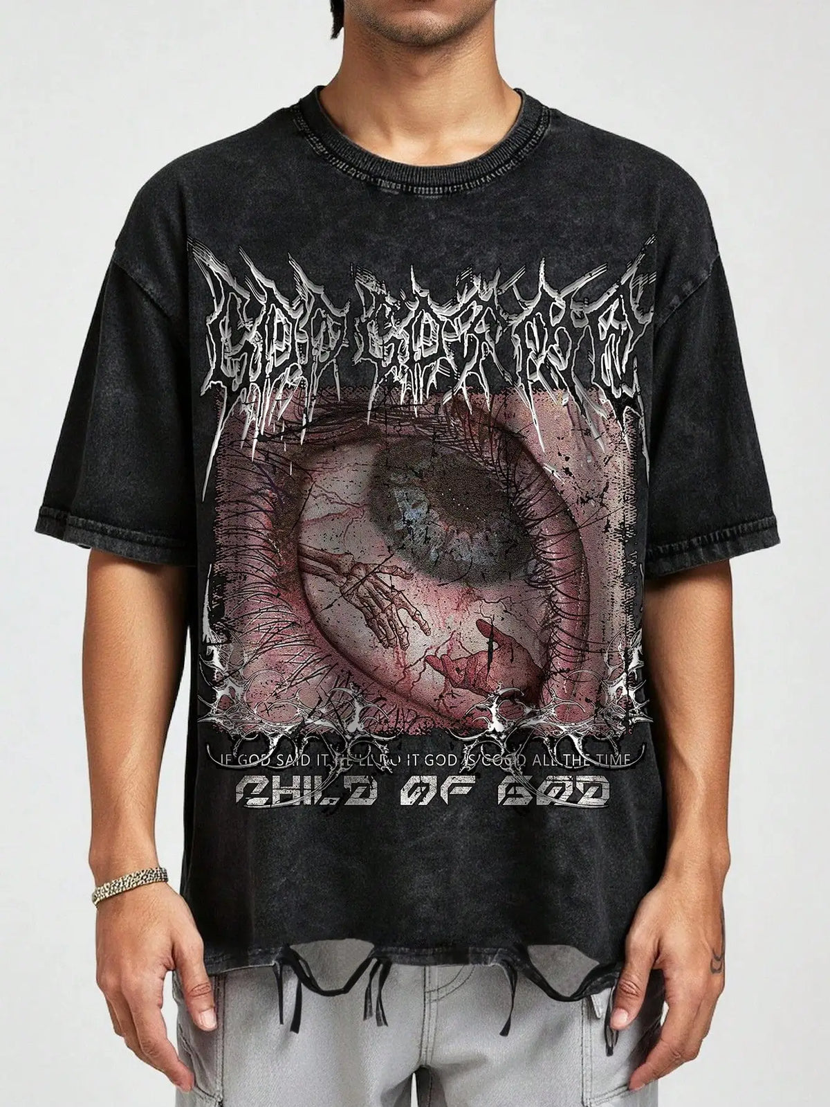 Distressed Oversized Graphic Tee with Eye Print, Gothic Punk Style, Ripped Hem