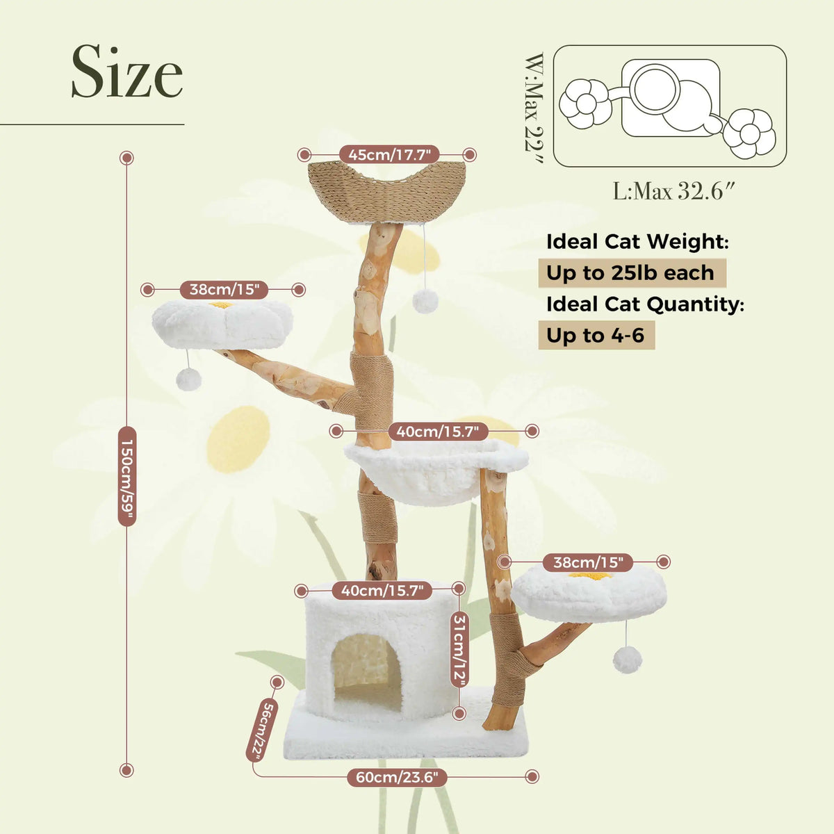 Solid Wood Cat Tree Modern Cat Tower with Spacious Cat Condo,Flower Perches,Fun Pompom,Double Comfort Perfect for Indoor Kittes