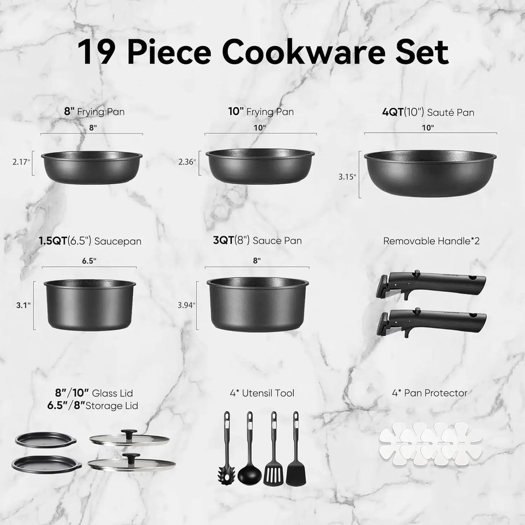 19Pcs Pots and Pans Set Non Stick, Cookware Set Detachable Handle, Nonstick Induction Kitchen Sets Non Stick with Removable Hand