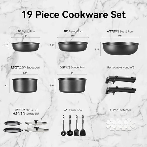 19Pcs Pots and Pans Set Non Stick, Cookware Set Detachable Handle, Nonstick Induction Kitchen Sets Non Stick with Removable Hand