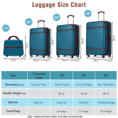 4 Piece Hardshell Luggage Set 20/24/28 Inch with Cosmetic Case Lightweight Spinner Wheels TSA Lock