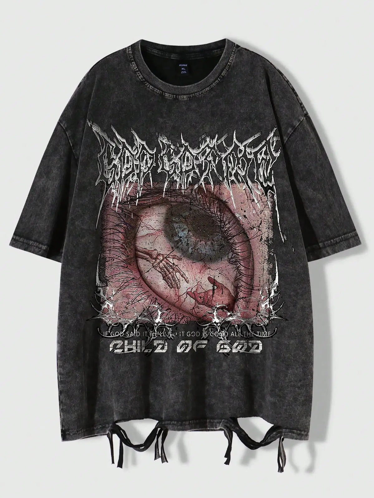Distressed Oversized Graphic Tee with Eye Print, Gothic Punk Style, Ripped Hem