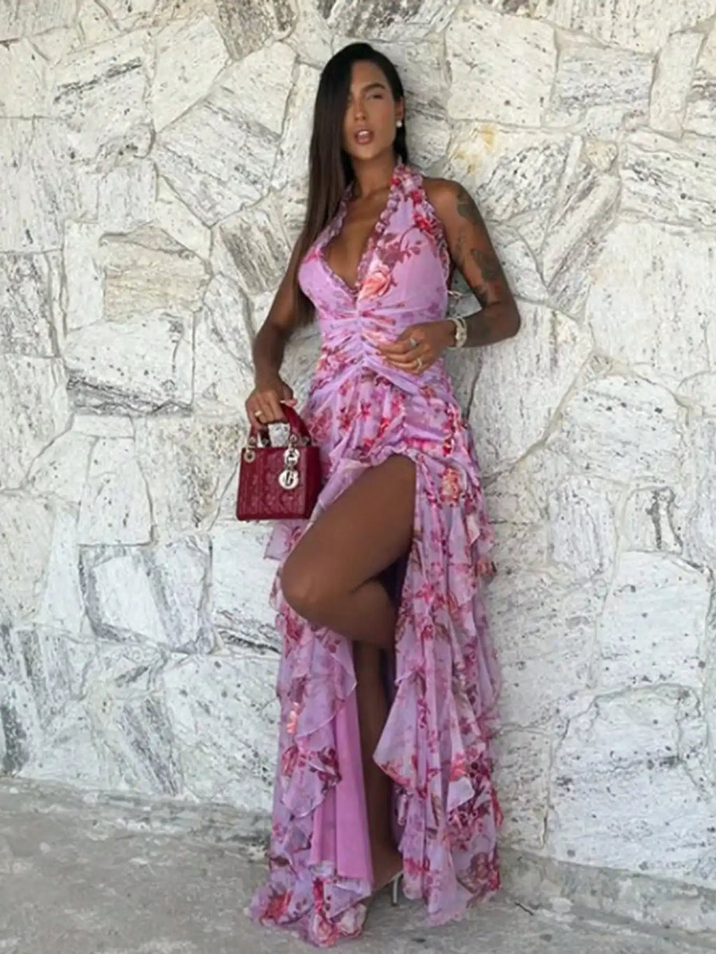 Elegant Floral Halter Neck Long Dress With Ruffle Hem And Slit For Women