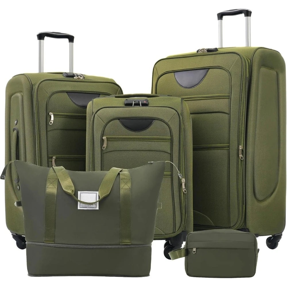 Lightweight and expandable soft-sided luggage set, large capacity suitcase with rotating wheels and adjustable telescopic handle