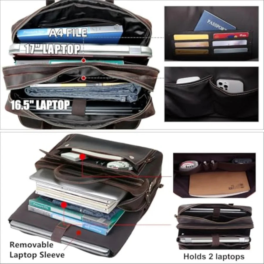 Masa Kawa Leather Briefcase for Men 15.6 17 Laptop Computer Case Business Travel Work Messenger Cross Body Shoulder Bag