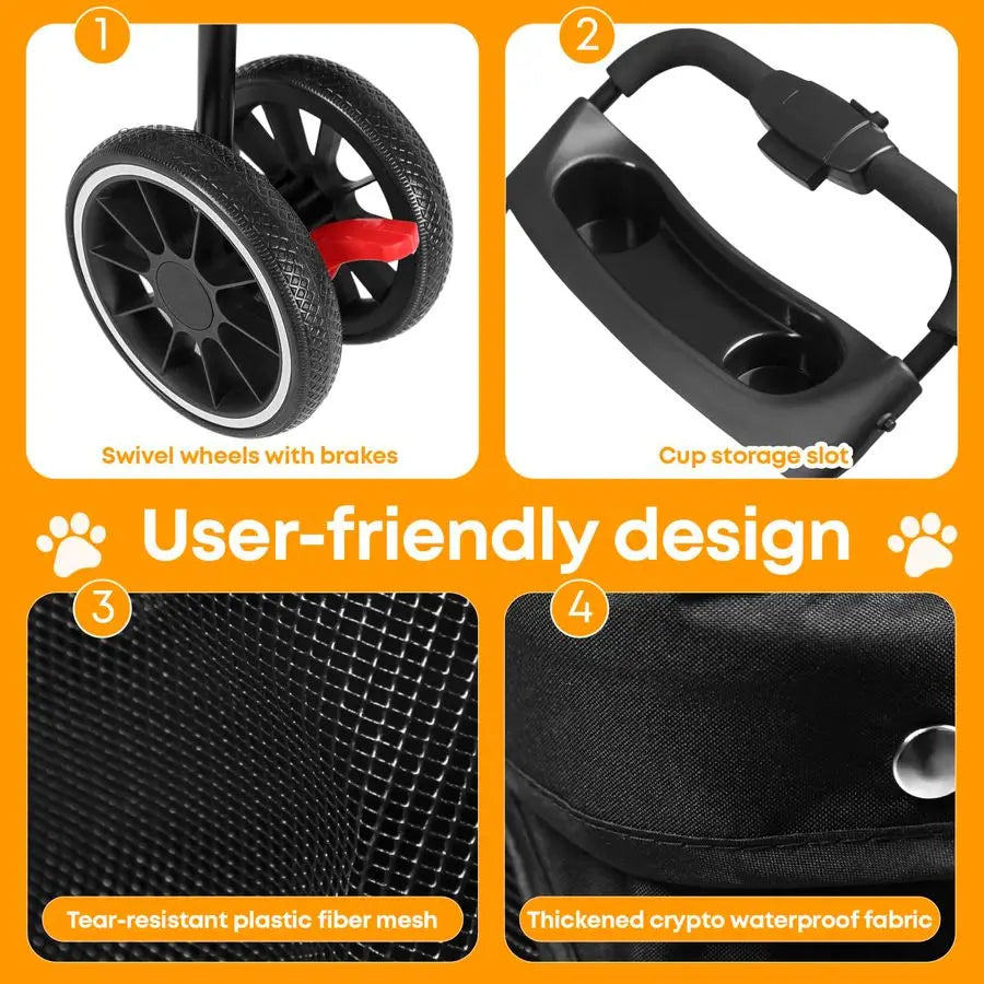 Stroller,Dog Stroller for Small Medium Dogs Cats,3 Wheels,Foldable,with Breathable Mesh Canopy,Cup Holders,Easy Assembly,Black