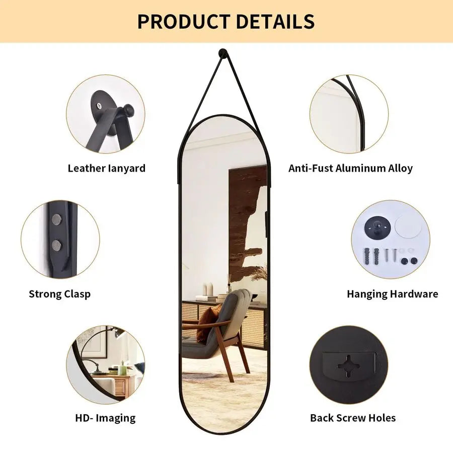 Full Length Mirror, Modern Oval Door Mirror Full Length with Hanging Leather Cord, Wall Mounted Mirror with Hanging Leather Stra