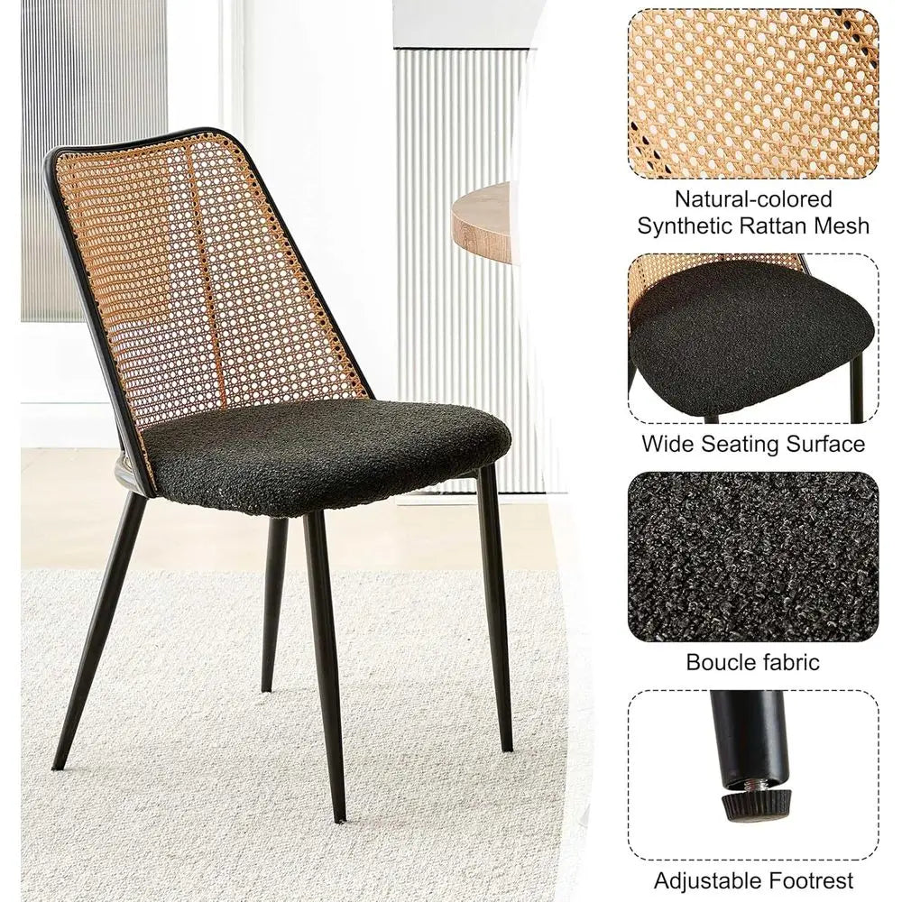 Black Upholstered Dining Chairs Set of 4, Woven Cane Accent Chairs for Kitchen and Dining Rooms, Suitable for Restaurants