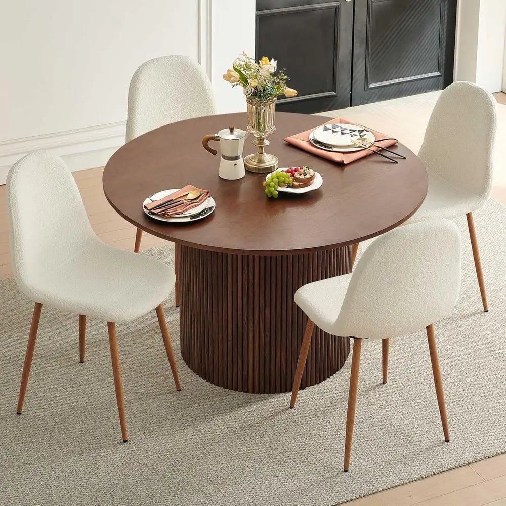 47 Inch Round Wooden Dining Table Set with 4 White Chairs for Space-Efficient Dining