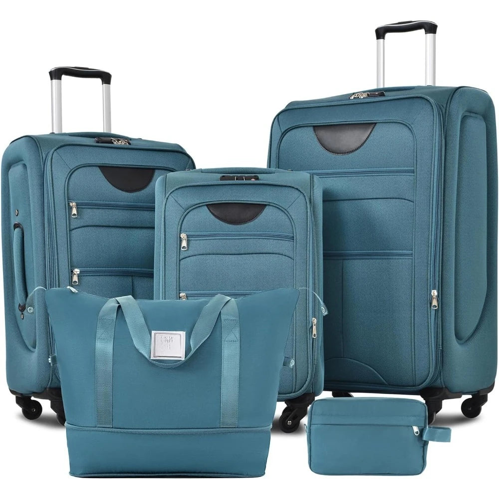 Lightweight and expandable soft-sided luggage set, large capacity suitcase with rotating wheels and adjustable telescopic handle