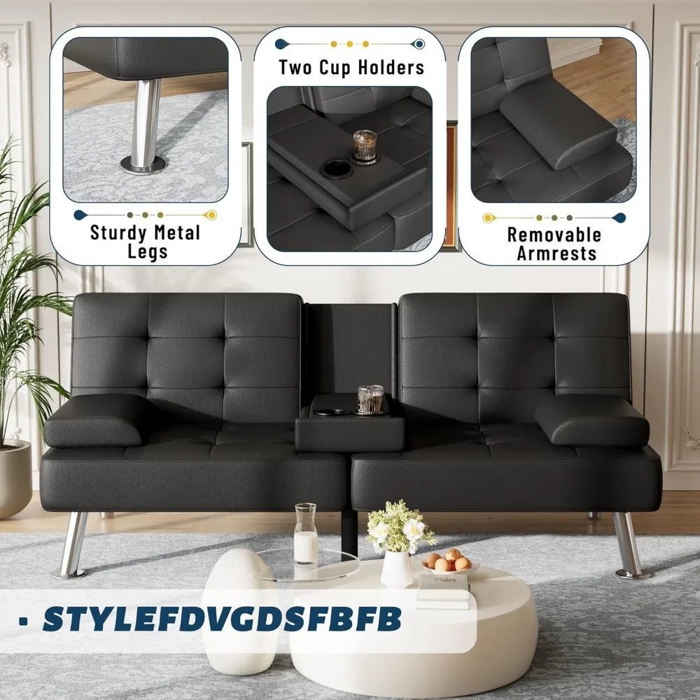 Adjustable Futon Couch Sleeper Sofa Bed with Cup Holders for Living Rooms and Offices, Ideal for Business Spaces and Comfortable
