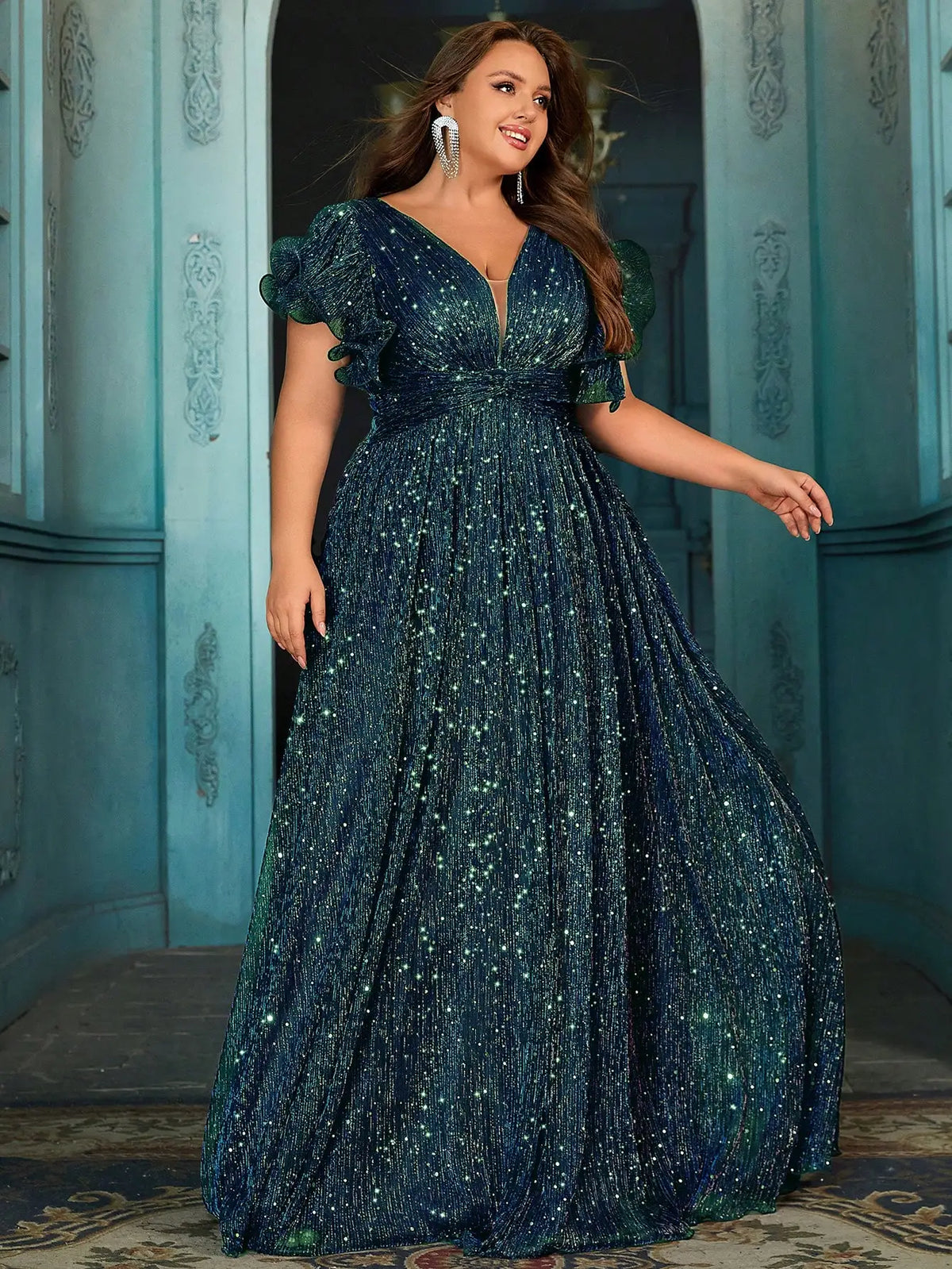 Plus Size Shiny Formal Party Dress With Ruffle Sleeves V Neck Floor Length