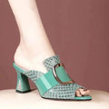 Open-toe Sandals Women 2025 Elegant Woman High Heel Shoes Summer Fashion Comfort Thick Middle Heels Slippers Metal Decoration