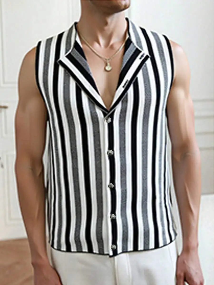 Men's Sleeveless Striped Knit Vest Top - Casual Summer Wear