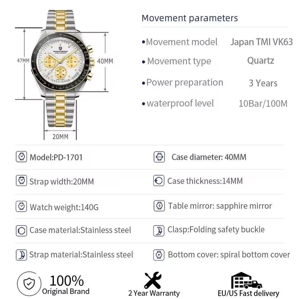 2026 New PAGANI DESIGN Moon Mens Watches Gold Luxury Quartz Chronograph Watch For Men AR Sapphire Waterproof Luminous Clock Gift