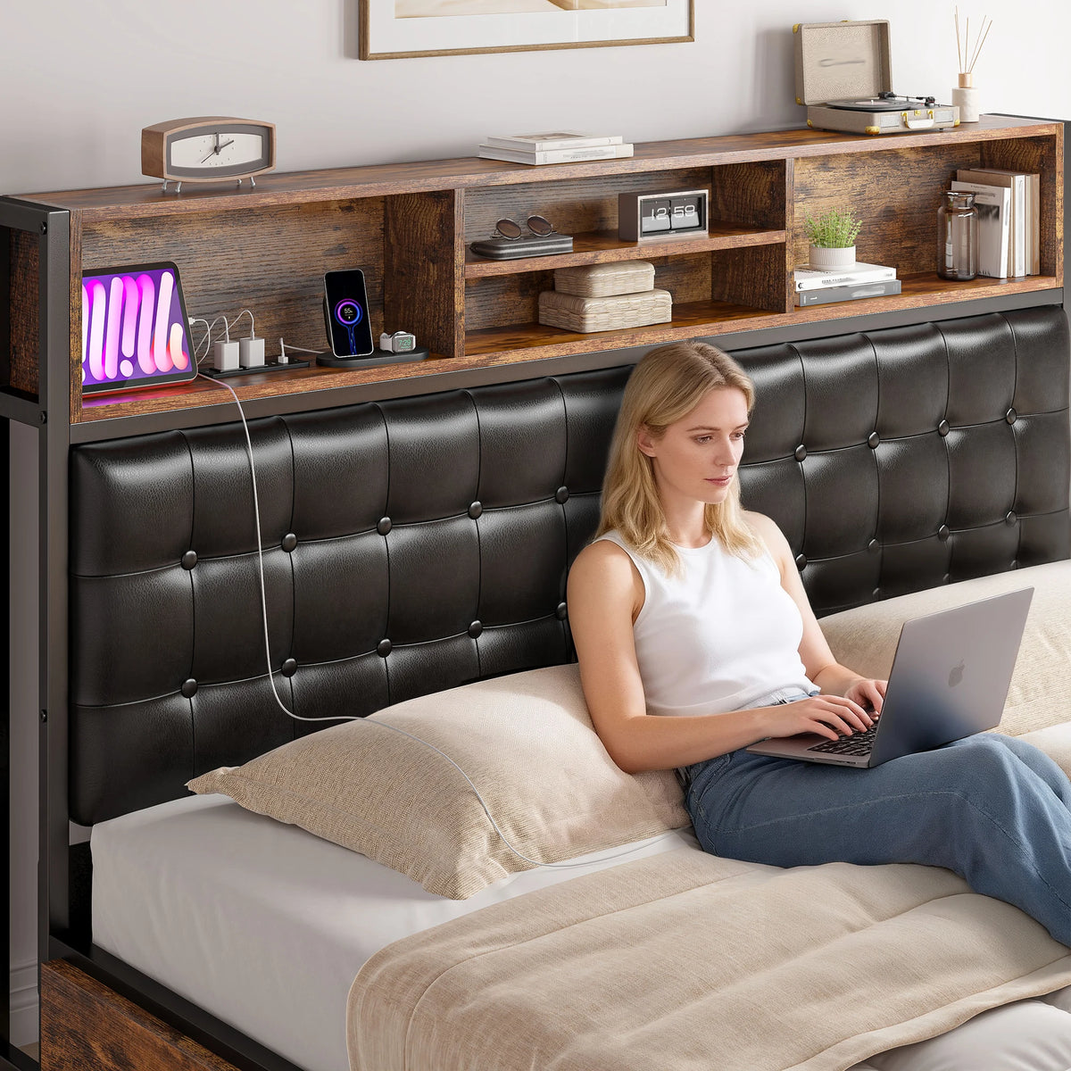 Full/Queen/King Bed Frame with Charging Station and 4 Storage Drawers Platform Bed Frame with Upholstered Headboard No Noise