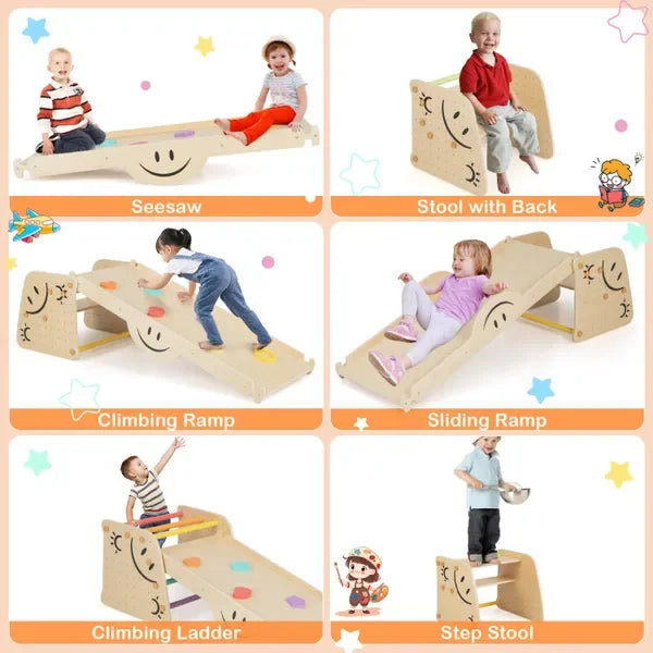 Wooden Triangle Climber Play Set with Interactive Seesaw for Kids Indoor Outdoor Fun and Motor Skill Development