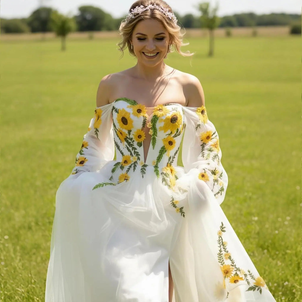 Off Shoulder Sunflower Embroidered Wedding Dresses for Women A-Line Chiffon Cape Sleeves Bohemian Bridal Gowns