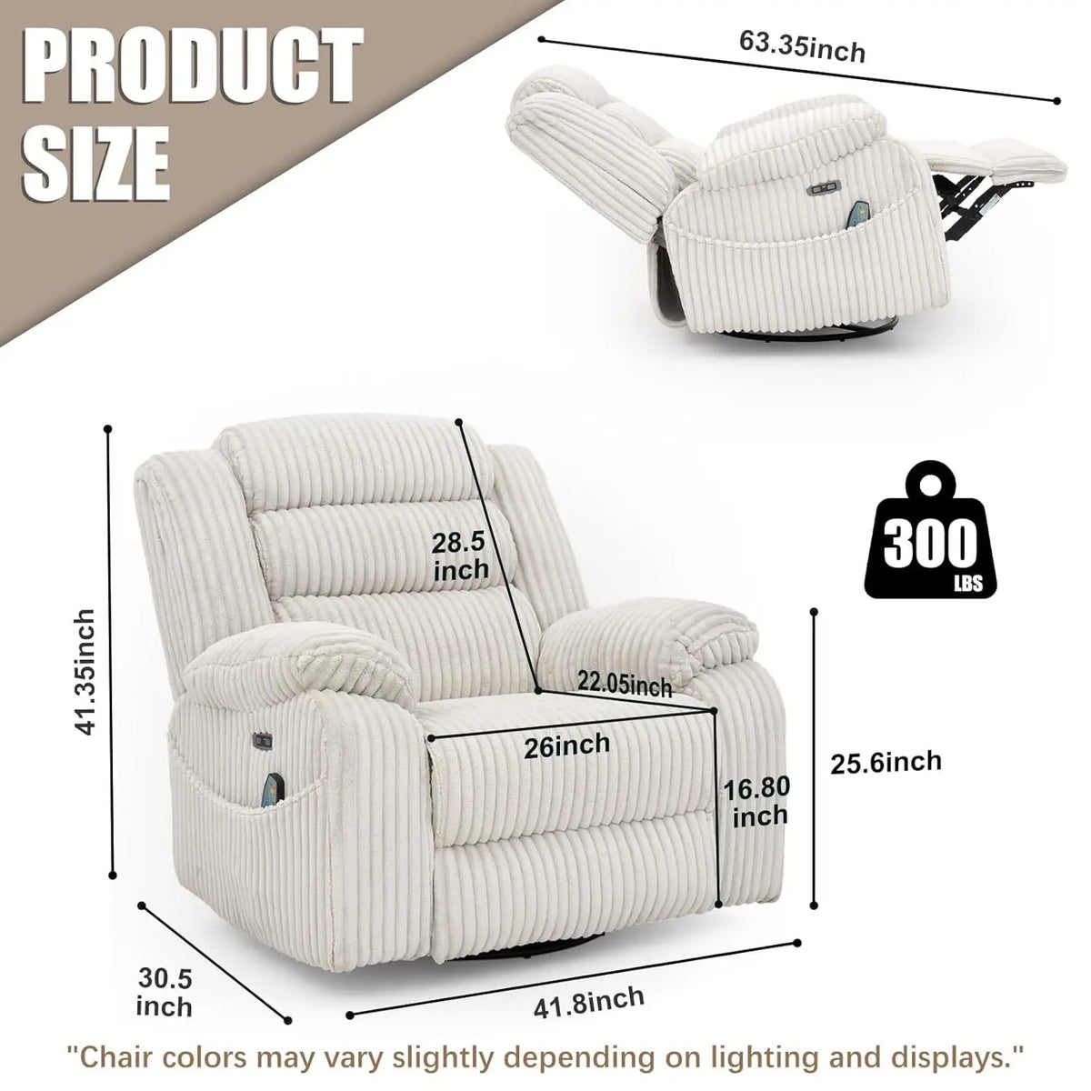 Power Swivel Rocker Recliner Chair for Adults with Massage and Heat, USB and Type-C Charging Port, Infinite, Customized
