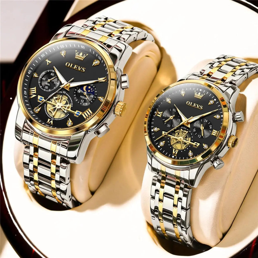 His and Her Matching Couple Watches with Diamond Accents, Romantic Valentine's Gift Set for Men and Women