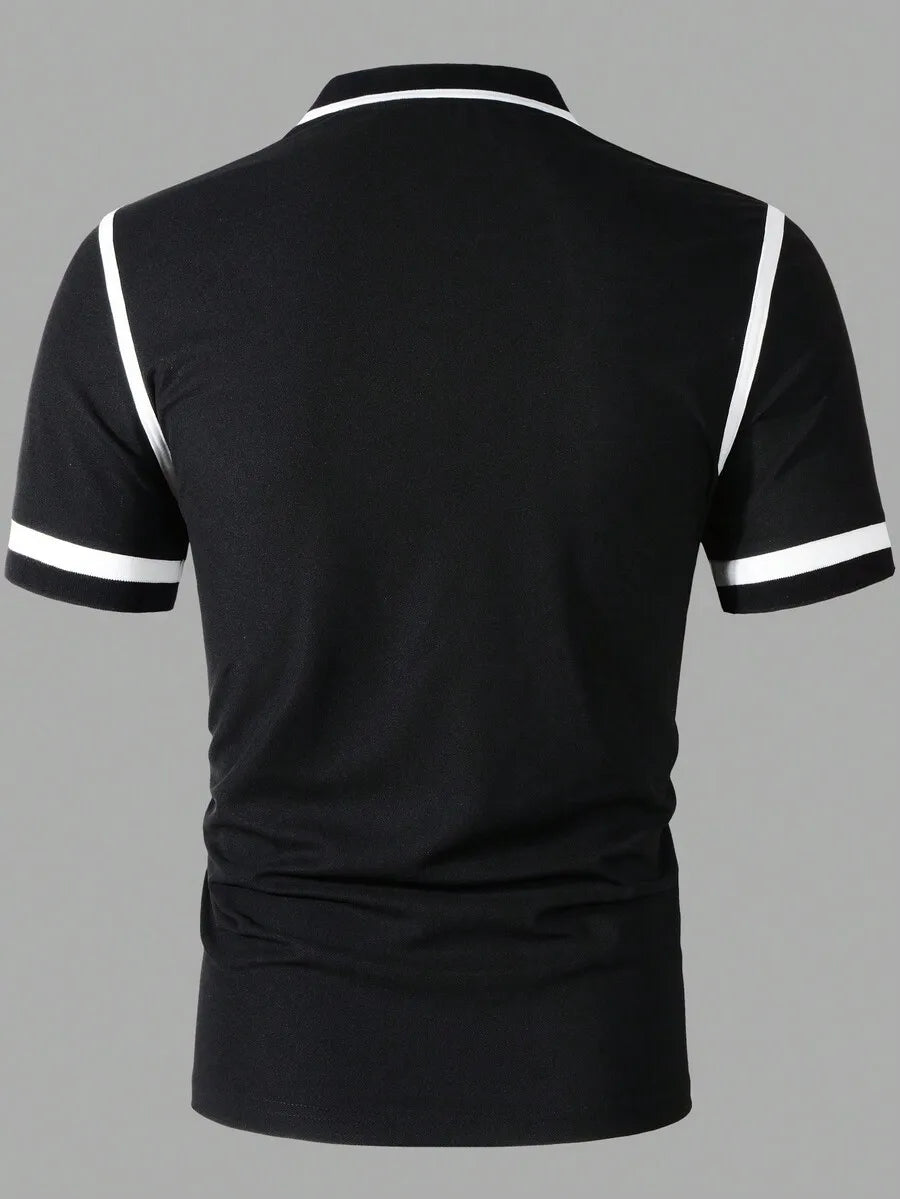 Men's Black Polo Shirt with White Trim Contrast Design Short Sleeve