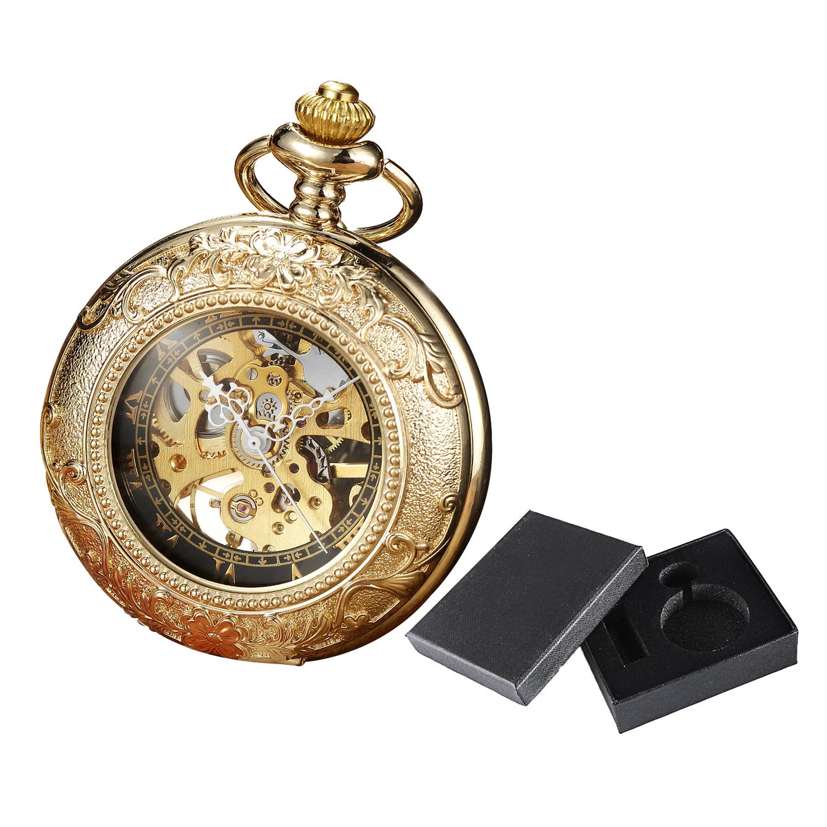 Luxury Retro Golden Hollow Skeleton Mechanical Pocket Watch Mens Fob Chain Steel Exquisite Sculpture Women Men Pocket Wath Gifs