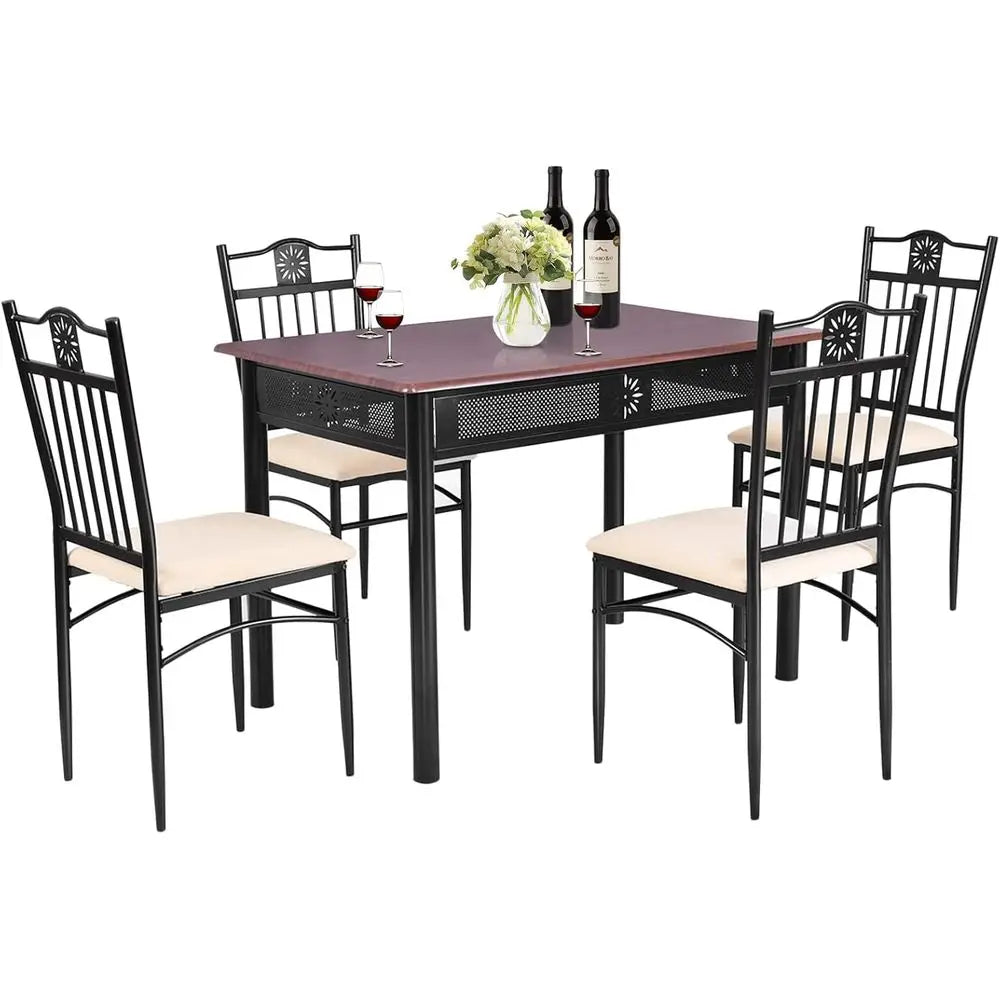 5-Piece Dining Set, Elegant Kitchen Table with 42 Round Table and 4 Upholstered Chairs, Suitable for Home, Coffee Shop, and Rest