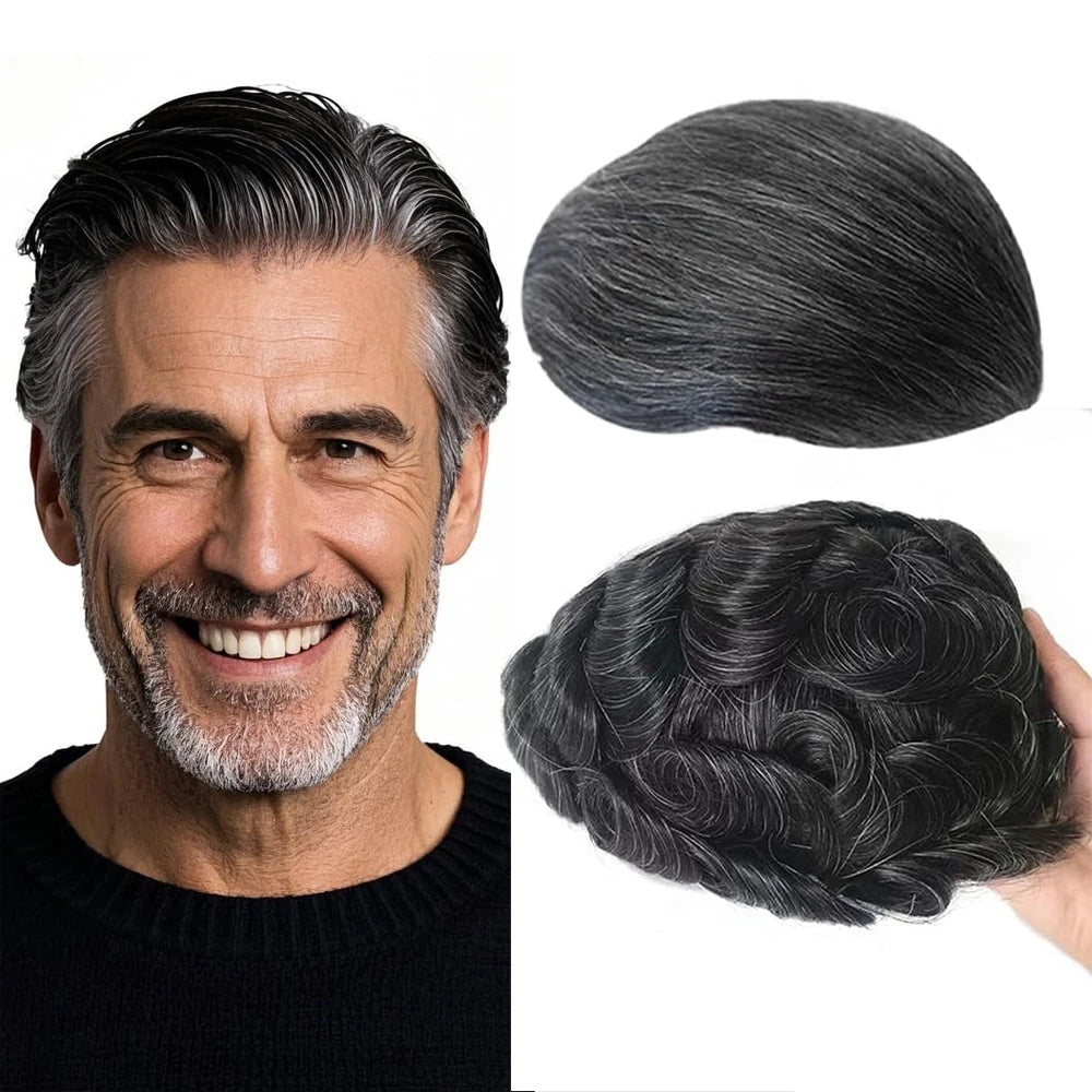 【TIMIA】Men's wig 8"x10" Full-PU #1B20 0.1 Toupee Straight Wave Human Hair Replacement Toupee 130% Density Durable Skin Male Hair