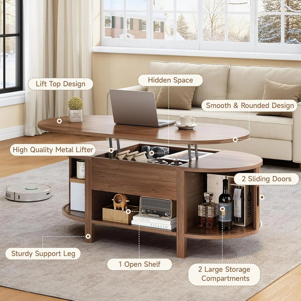 43.3" Oval Lift Top Coffee Table with Hidden Compartment, Fluted Wood Coffee Table with Sliding Door,Customized
