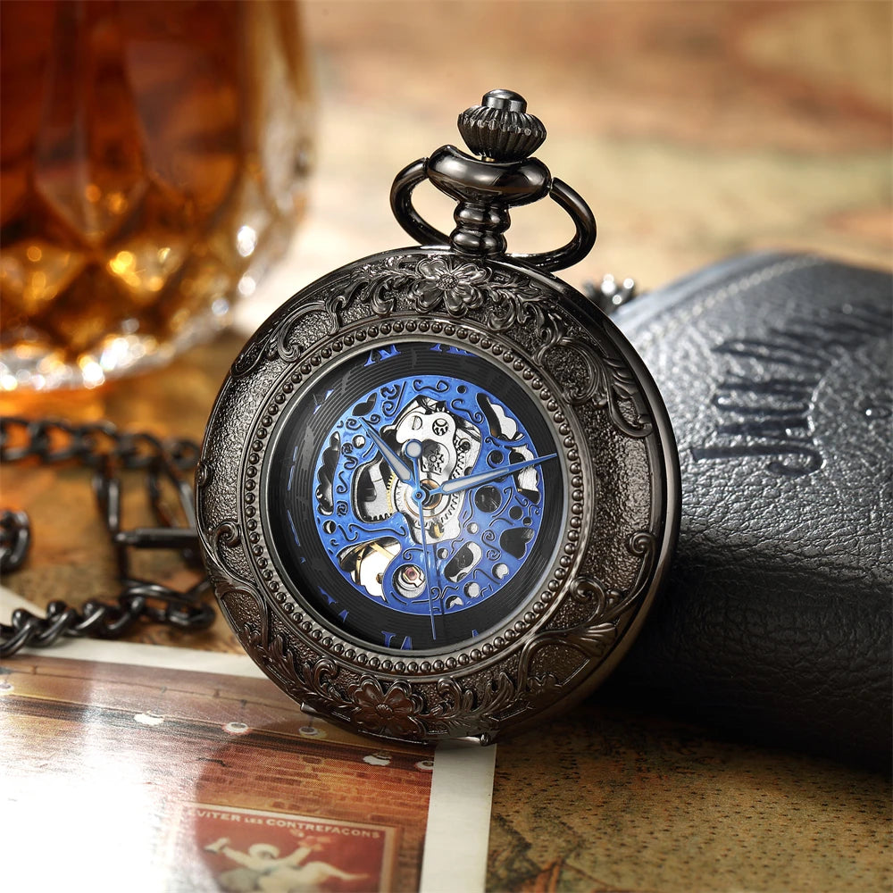 Luxury Retro Golden Hollow Skeleton Mechanical Pocket Watch Mens Fob Chain Steel Exquisite Sculpture Women Men Pocket Wath Gifs